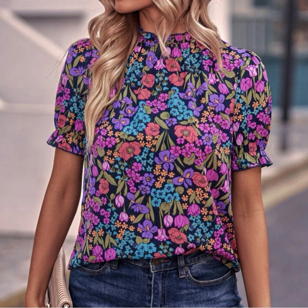 Allover Floral Print Puff Sleeve Frill Neck Blouse